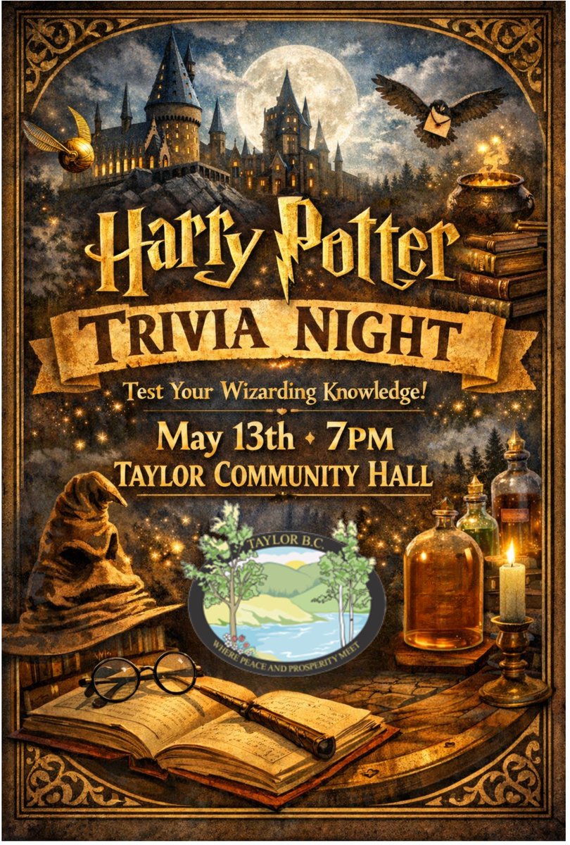 DistrictTaylor's tweet photo. Think you know your Hogwarts houses, spells, and magical creatures? Put your knowledge to the test at a fun-filled evening of Harry Potter Trivia! Gather your friends or come on your own, everyone is welcome.
Call the Community Services Hub at 250-789-2828 to reserve a spot. https://t.co/0fEkAtEmGA