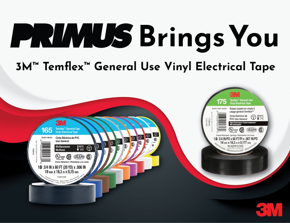 PrimusCorp's tweet image. Choose 3M™ Temflex™ General Use Vinyl Electrical Tape when working on everyday holding and marking needs, when you need a dependable electrical tape in your toolbox, and when simple jobs need to get done reliably and affordably. 
Contact Primus to learn more!
#Primus #3M