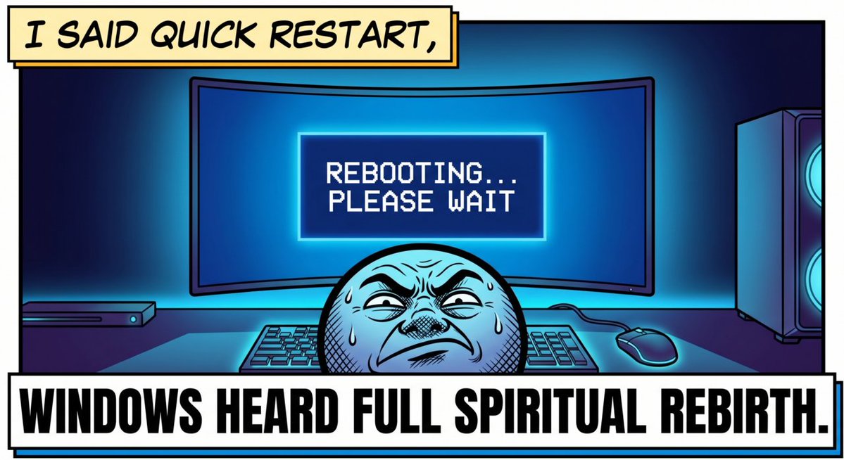 GroovyComputers's tweet image. When you ask Windows to restart, but it acts like it's contemplating the meaning of life instead. Truly a philosophical moment in tech. 😂 #WindowsProblems #TechFails #GamerMemes