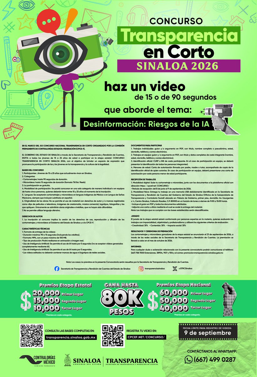 🎥✨ El concurso Transparencia en Corto Sinaloa 2026 ya esta aquí.

Si tienes una idea, una historia o algo que te mueva sobre Desinformación: Riesgos de la IA, es tu oportunidad de poner en acción tu creatividad y contarlo en video 🎬

Consulta las bases, participa y ¡GANA! 💥🤑