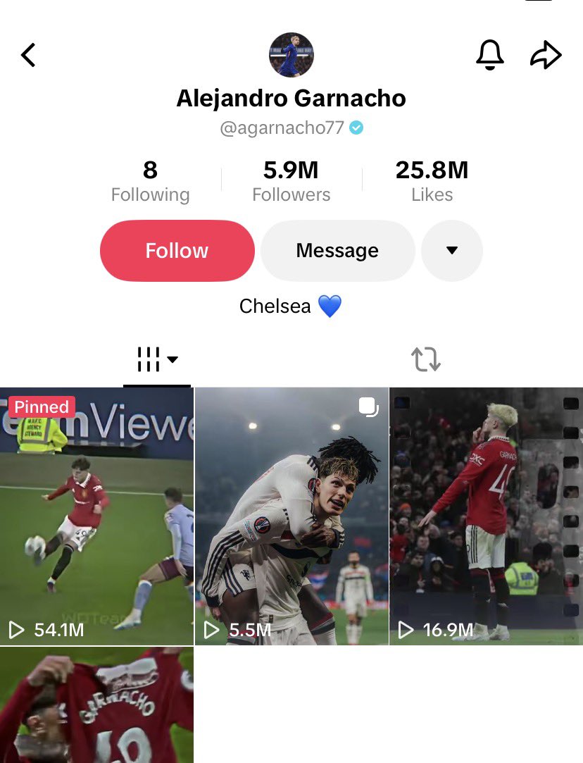 FansTribeHQ's tweet image. Chelsea Winger, Alejandro Garnacho has deleted all Chelsea Videos on his TikTok and left just the Man Utd videos. He has also Reposted a video which Mentioned him returning to Manchester United. ❤️👀

#garnacho #alejandrogarnacho #chelsea #manutd