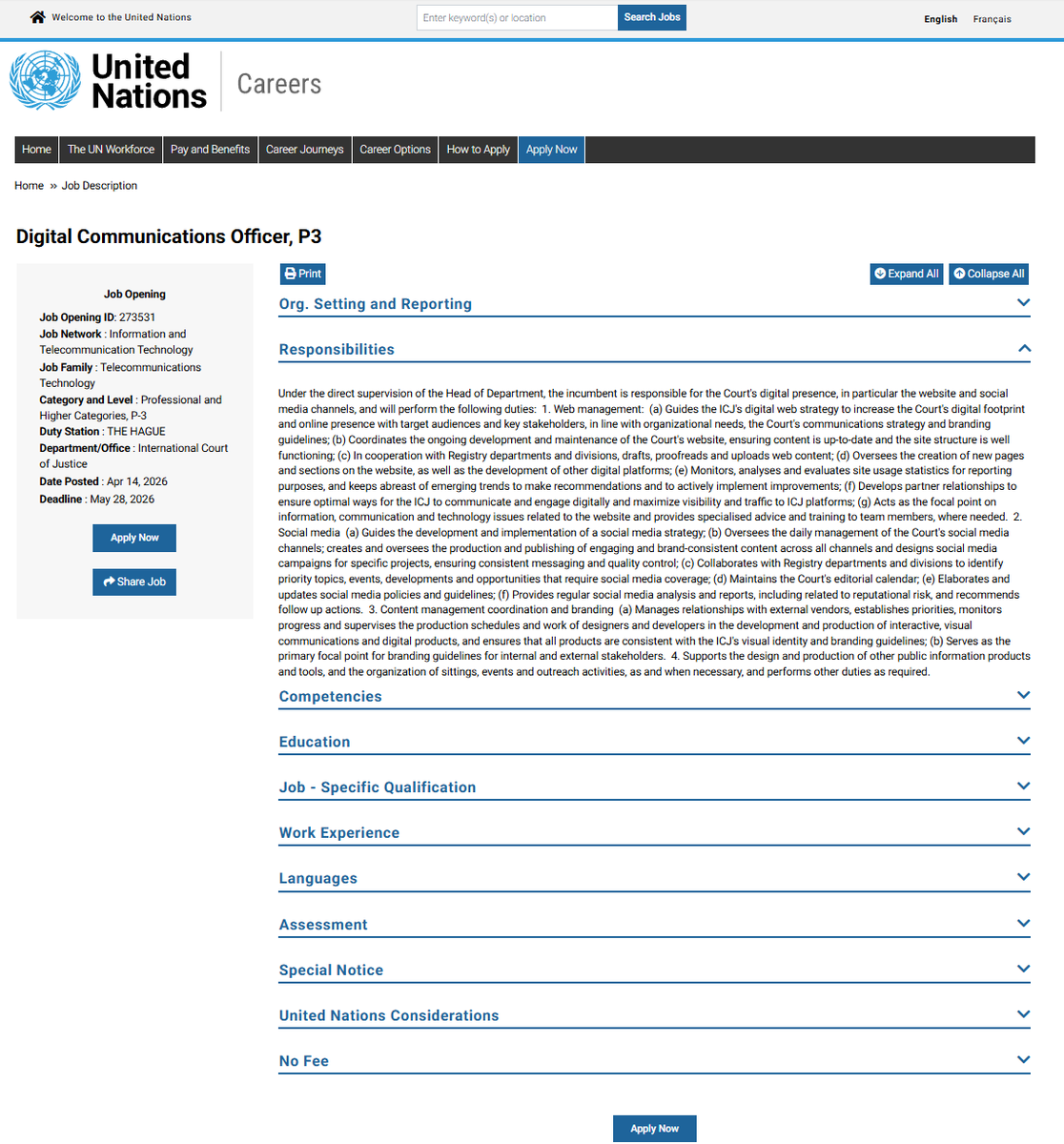 CIJ_ICJ's tweet image. JOBS: The #ICJ is recruiting a Digital Communications Officer (P3). 

Deadline for applications: 28 May 2026.  

Link to the vacancy announcement: go.icj-cij.org/4tMpGRU