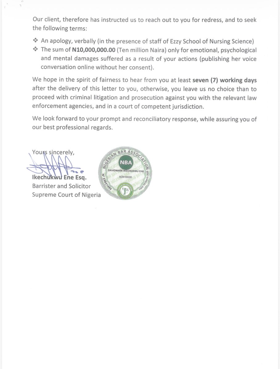 Administrator of Ezzy College of Nursing, Enugu is threatening to sue Joy for N10 million for emotional and mental damage caused by the shared recorded conversations.