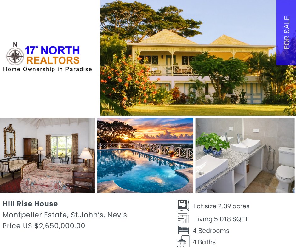 17_DegreesNorth's tweet image. Elevated 600 feet in Montpelier Estate, Nevis, with views of Charlestown, the Caribbean Sea, and Nevis Peak. Hill Rise House — pool, tennis court, tropical gardens, and a timeless interior.

USD $2.65M | 869-662-9259
bit.ly/4sf44MV

#NevisRealEstate #PropertyForSale
