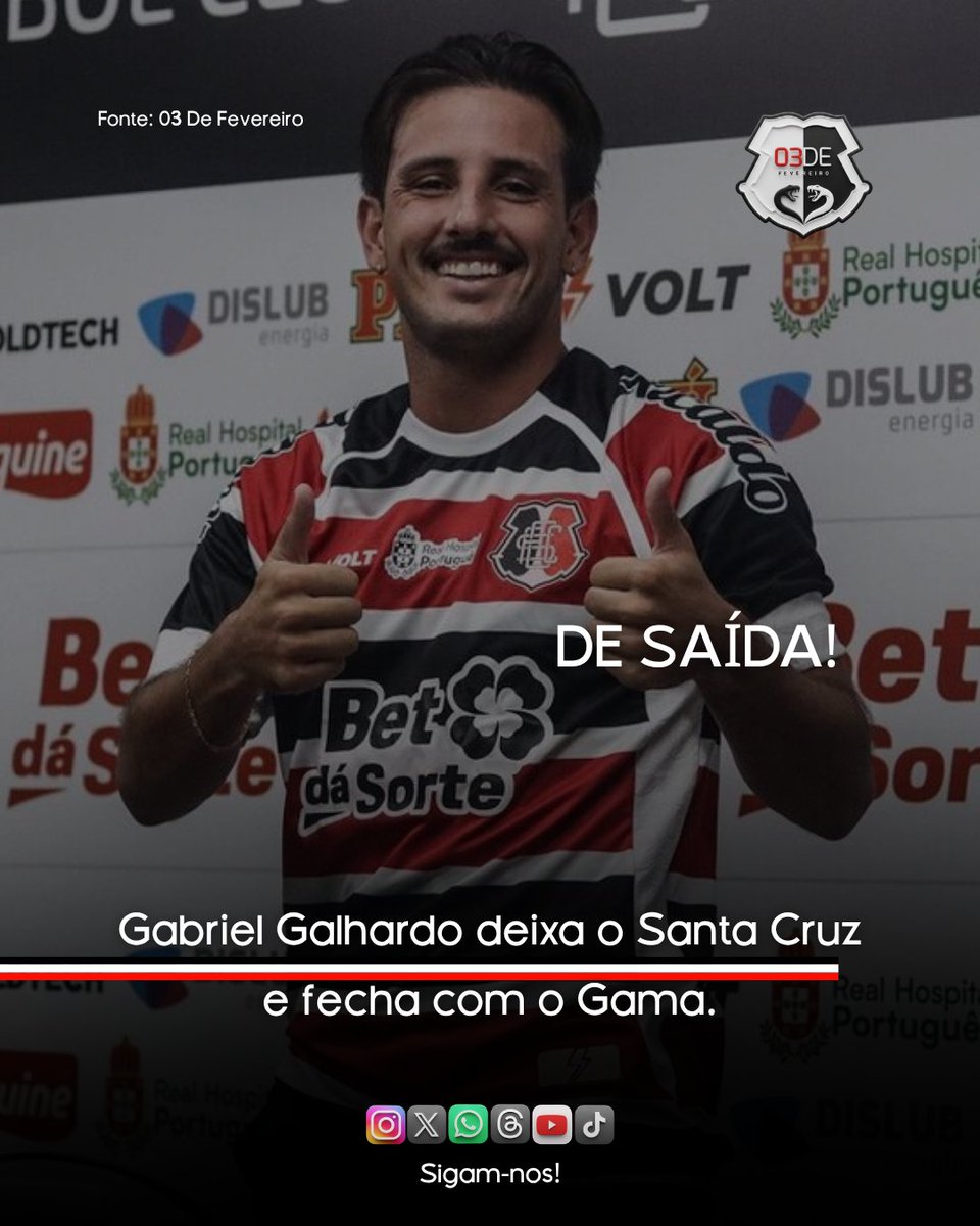 canal0302's tweet image. SAÍDA

Gabriel Galhardo deixa o Santa Cruz e vai para o Gama.

🗞 | @canal0302 
✒ | @MCavalcantiQPDL 

Patrocínio e Parcerias:
✈ | @rockinntravel.br
🏃 | @edu_modafitness
⬜ | EQM Vidros

⚠ SEJA MEMBRO! 💪🏽💪🏽💪🏽
Apoie o nosso trabalho e fortaleça o projeto