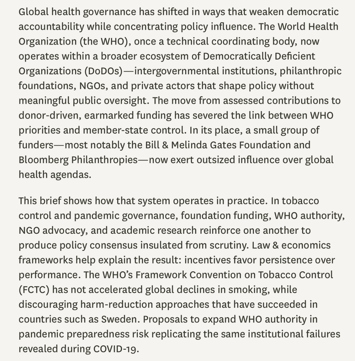 LawEconCenter's tweet photo. The WHO relies heavily on donor-driven funding, severing member-state oversight and handing policy control to private foundations. ICYMI: @Julian_Morris, @RogerBate3, and @cjsnowdon detail how to restore democratic accountability to global health governance.

Issue brief below ⬇️ https://t.co/o8ndrEcML6