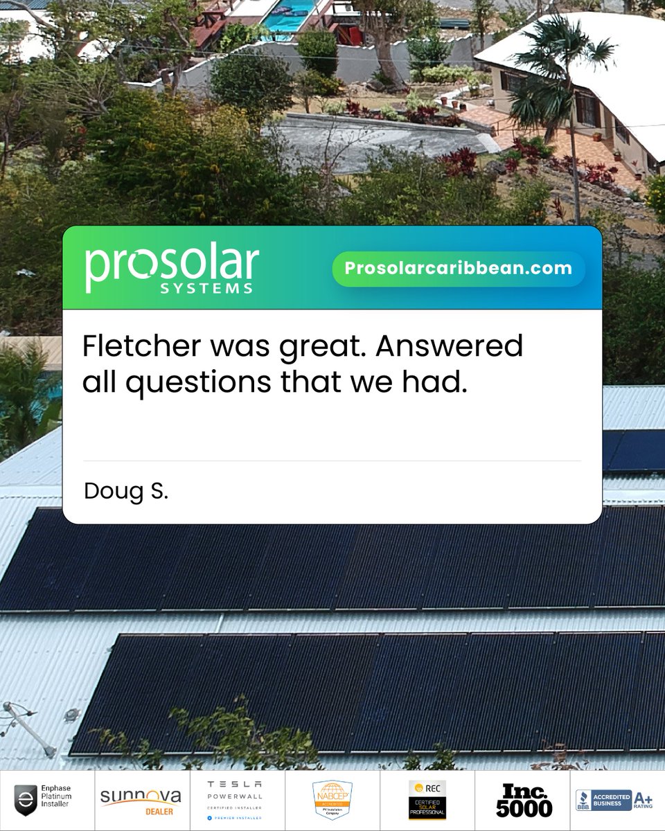 ProSolarAmerica's tweet image. From your first consultation to final installation, our team takes the time to make sure you understand your system and feel confident in every decision.

340.201.4752
prosolarcaribbean.com

#ProSolarCaribbean #CustomerTestimonial #TrustedService #SolarExperts #StThomasVI
