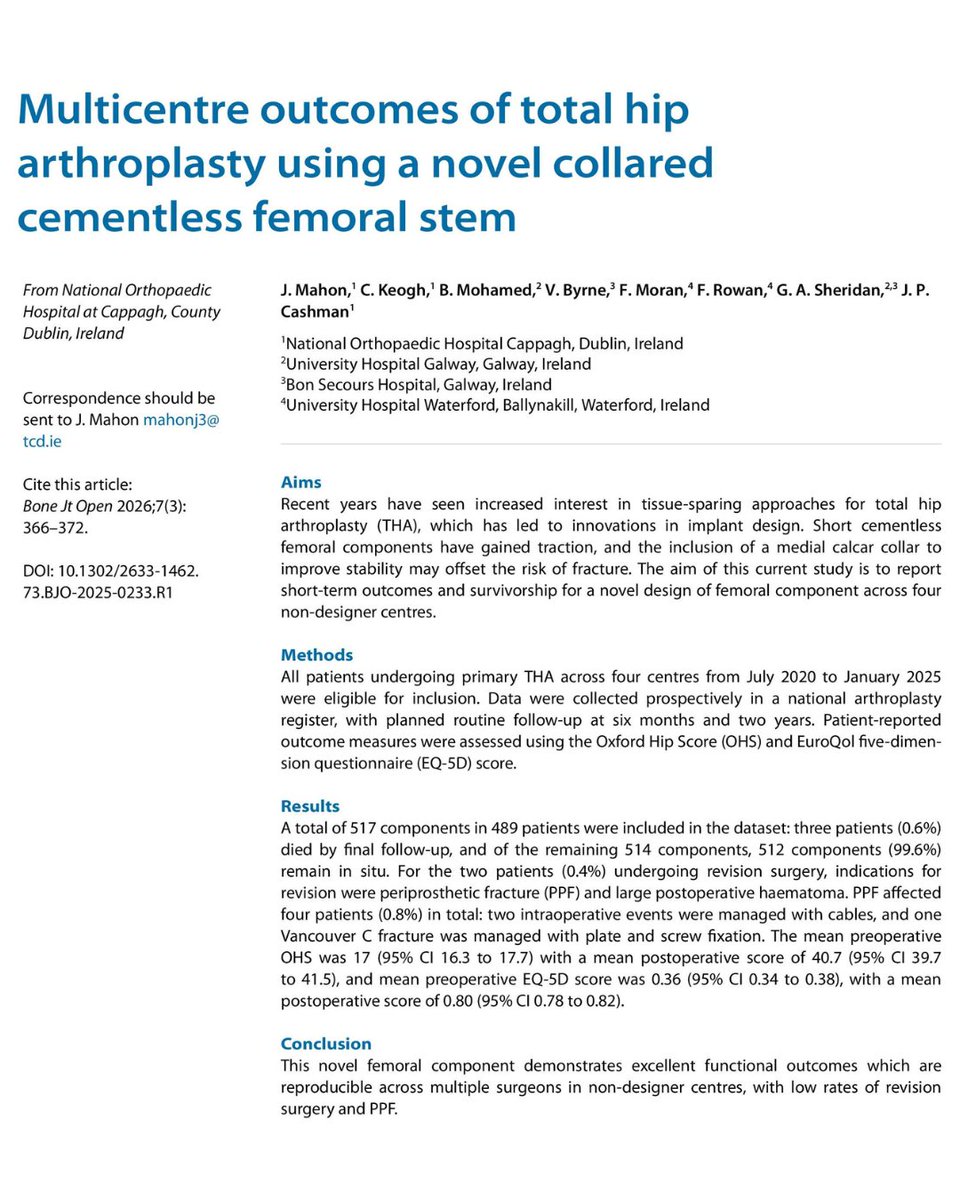 BoneJointOpen's tweet image. The Actis collared cementless femoral stem demonstrates excellent functional outcomes at short-term follow-up, with low rates of periprosthetic fracture and revision surgery.

#Arthroplasty #Fracture #Patient #Surgery #BJO

ow.ly/XyIm50YAMEs