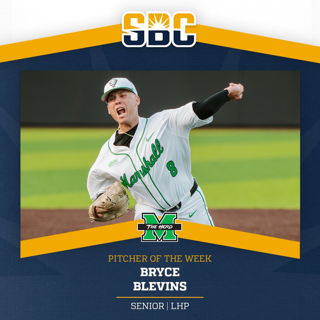 SunBelt's tweet photo. 𝗗𝗜𝗚𝗚𝗜𝗡𝗚 𝗗𝗘𝗘𝗣.

@HerdBaseball's @BryceBlevins carries shutout into 9th inning of 124-pitch outing, en route to conference-leading sixth win &amp; #SunBeltBSB Pitcher of the Week award. ☀️⚾️

📰 » https://t.co/qFHQiEfNVA https://t.co/N7sdLetz5S