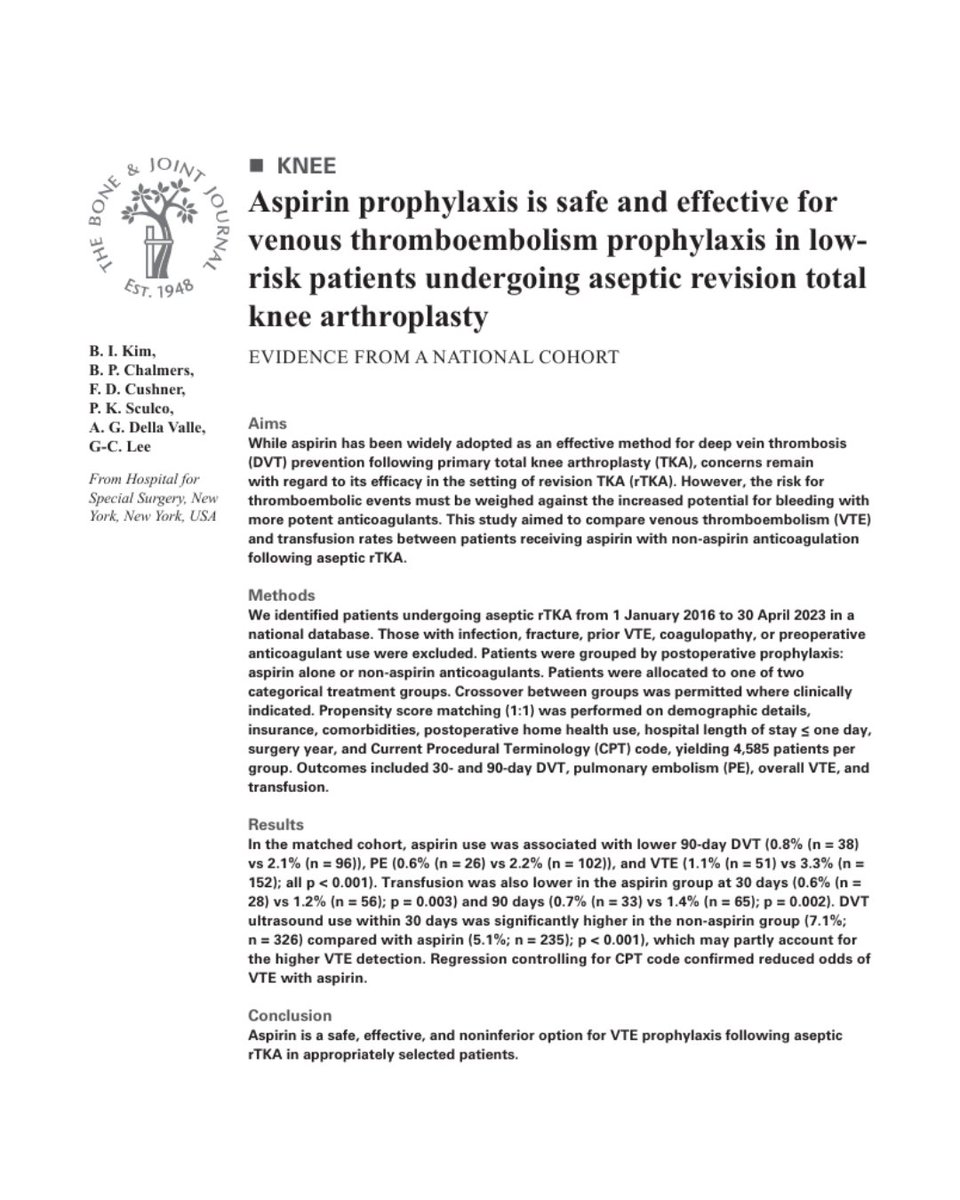 BoneJointJ's tweet image. The risk of thromboembolic events must be weighed against the increased potential for bleeding with more potent anticoagulants.

#Aspirin #TotalKneeArthroplasty #TKA #DVT @HSS_ARJR_CJRC

ow.ly/aSxn50YGqj0