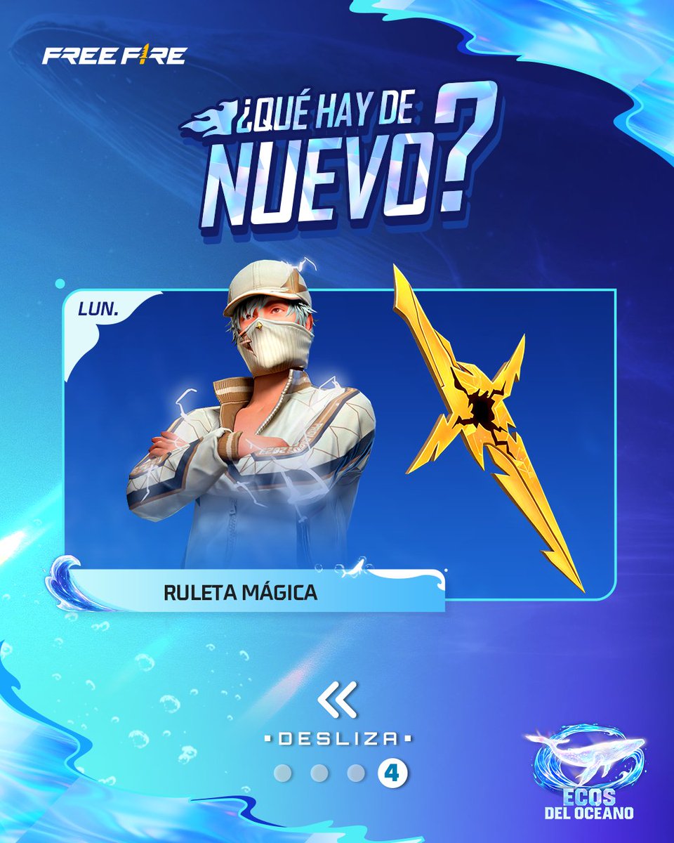 freefirelatino's tweet image. 📕 ¡LA #AGENDASEMANAL ESTÁ AQUÍ! 📕

⚡ Llega Ray para cambiar la estrategia de juego y tendrás que unirte a él para desatar una Pesadilla Oceánica.

Lleva contigo la fuerza de la Corriente Marina para que termines la batalla como un Jugador Pro.🌊
#FreeFire #EcosDelOceano