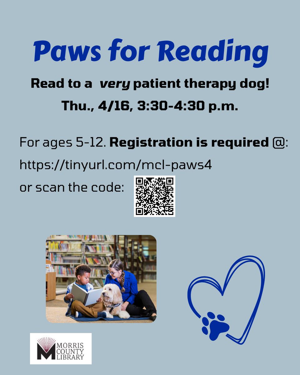 mclib's tweet image. Ready to make a furry friend? 🐶✨ Come read to our superstar therapy dogs at Paws for Reading! Kids ages 5–12 can join us this Thursday, 4/16, 3:30–4:30 p.m. 

Some spots still available; register at:

ow.ly/wvSc50YIqyP

 📖💙 #LibraryFun #ReadWithDogs #MorrisCountyLibrary