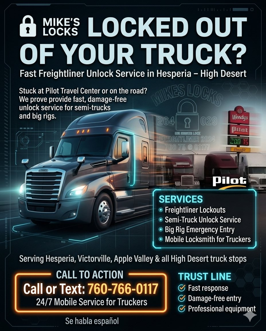 LocksMikes's tweet image. Locked out of your Freightliner at Pilot? 🚛🔑

Fast, damage-free unlock service anywhere in the High Desert. We come to you — no towing needed.

📞 760-766-0117
💬 Se habla español
#freightliner #trucklockout #pilottruckstop #highdesertlocksmith
