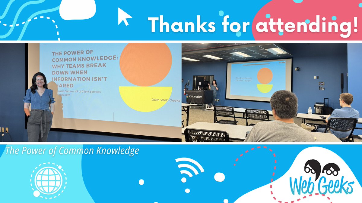 dsmwebgeeks's tweet photo. Thank you to everyone who joined us for ourApril DSM Web Geeks Meetup, and to our speaker, Mackenzie Ostrem, for teaching us!

Join us again next time, Monday, May 11th, 6:30pm at Source Allies to hear a presentation from Finley Blakeman from Lean TECHniques.  Don't miss out! https://t.co/UfXLYDPAF7