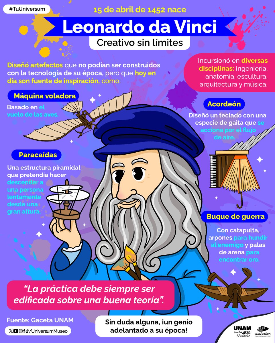 #UnDíaComoHoy nace Leonardo Da Vinci 👨🏼‍🎨🖌️🎨🖼️
Importante polímata del Renacimiento Italiano. 🇮🇹
Conoce sus aportes aquí 🤓👇🏽

#TuUniversum