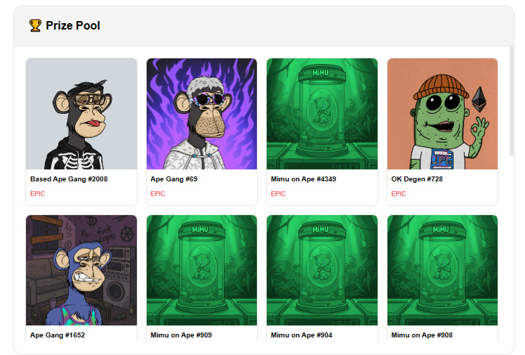 BasedApeGang's tweet photo. Congrats to the entire @mimuonape on the mintout yesterday! 

In return for our 1/1 mimu the Gang treasury has received 10 Mimu's

5 of them have now been added into Ape Flip and the Prize wheel along with lots of other goodies!!

 25cents per play!
[https://t.co/ef1P2TIQji] https://t.co/k4VSSguy3O