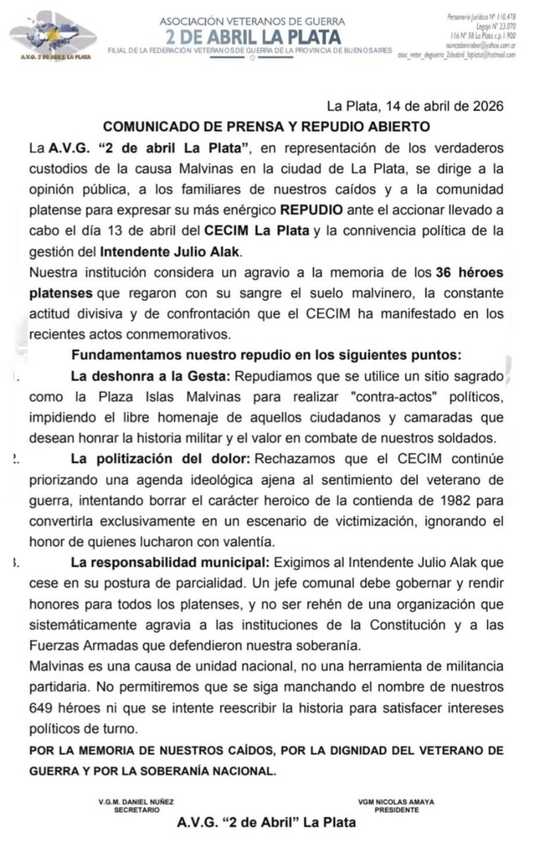 El Foro Argentino de Defensa repudia el accionar sectario, ideologizado y antipatriótico de organizaciones como CECIM, que pretenden usar la causa Malvinas como plataforma de militancia, victimización y confrontación. Como tantas pseudoorganizaciones de DDHH, hacen política con