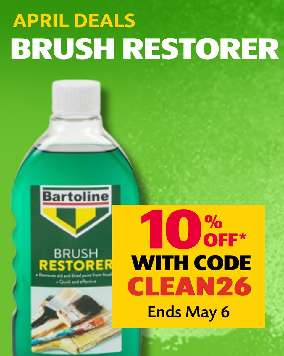 diydirectcom's tweet image. Save 10% on Bartoline Brush Restorer with code CLEAN26 (ends 6th May).

✔️ Revives hardened brushes
✔️ Removes dried paint &amp;amp; varnish
✔️ Works on synthetic &amp;amp; natural bristles
👉 diydirect.com/bartoline-brus…

#DIY #Decorating #PaintingTools #BrushRestorer