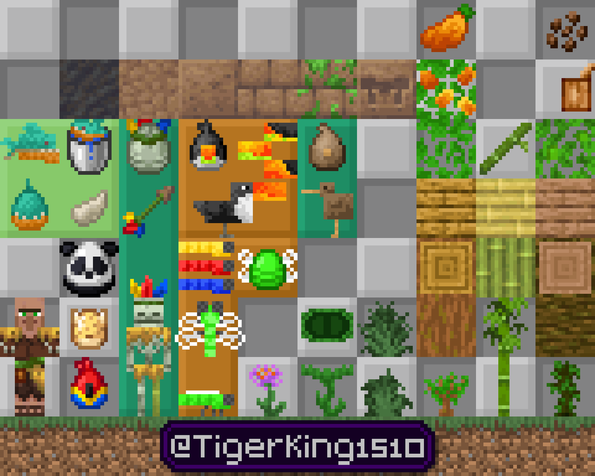 TigerKing1510's tweet photo. El bioma de la jungla es de los que más posibilidades tiene, al ser este en la vida real un lugar lleno de vida. En este caso hice tucanes, kiwi (el ave), pirañas, libélulas, árbol de mango, etc. También deben añadir aldeas de la jungla.

#Minecraft #Pixelart #MinecraftIdea https://t.co/fXteWrNW6n