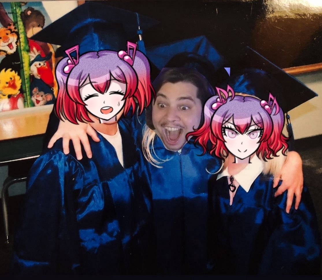 vodkasunnyd's tweet photo. Very real image of me and my Twin Sisters at graduation. Those were the good ol days. 🎓 

Anyways I'm Streaming my Live Reaction to the SDRA2 Chapter 3 Class Trial Right Now. Come Hangout! Link in the Comments. https://t.co/3YdExpM3Vl