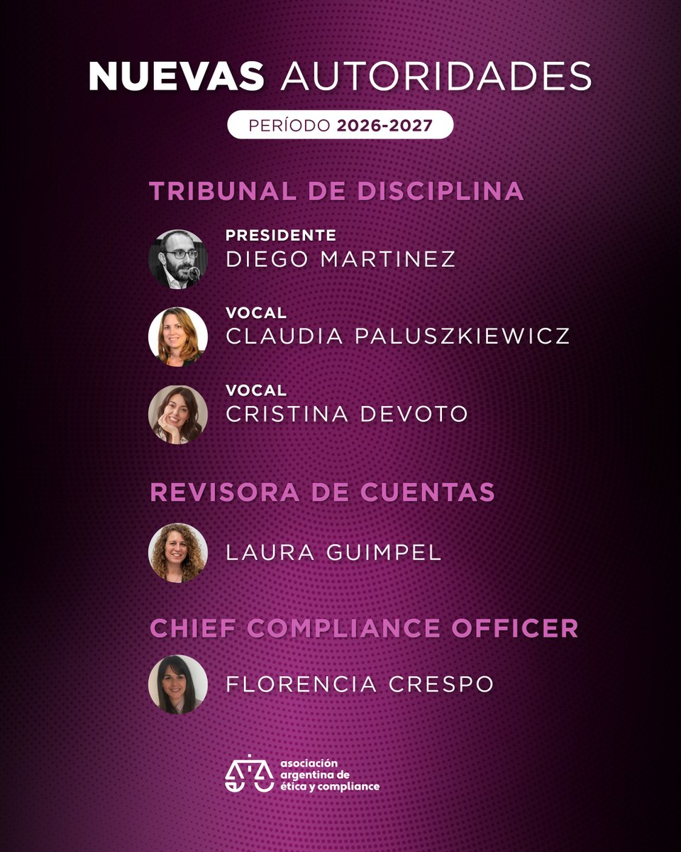 AAECOMPLIANCE's tweet photo. 📣 ¡Nuevas autoridades AAEC para el período 2026-2027! 

🎉 Presentamos al equipo que va a liderar nuestra asociación 👇 https://t.co/9yIzO82Sxr