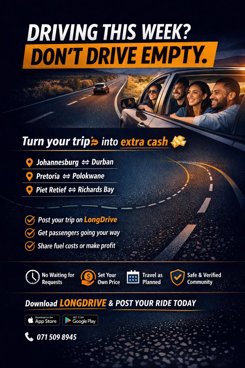 LongDriveSA's tweet image. Driving this week? 👀

Why pay for the whole trip yourself when you can:
💸 Earn money
🚗 Fill your seats
📍 Travel as planned

Post your trip on LongDrive and get passengers going your way.

Let’s stop driving empty 

#LongDrive #LiftClub #SideHustleSA #TravelSmart #SouthAfrica