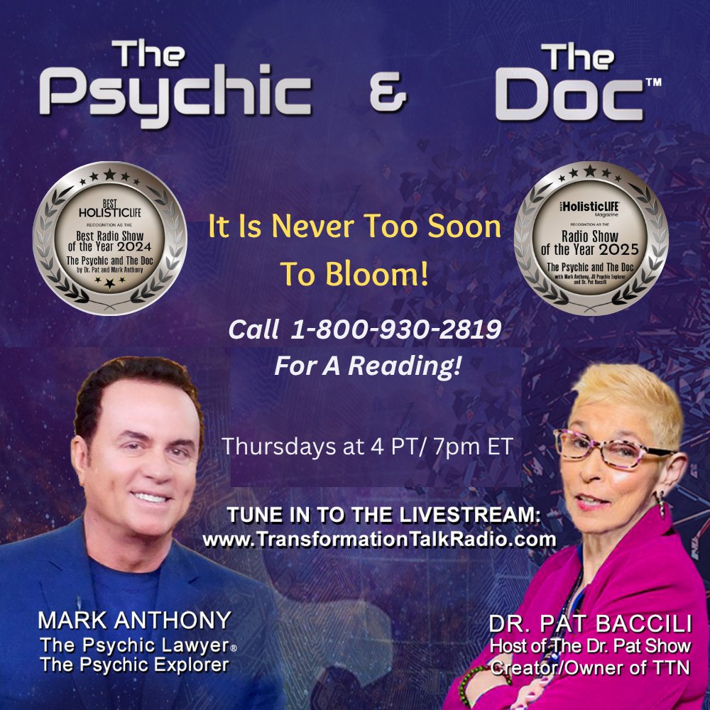 TheDrPatShow's tweet image. It Is Never Too Soon To Bloom! Call 1-800-930-2819 for a LIVE Reading with Mark Anthony &amp;amp; Dr. Pat! ow.ly/Ojor50YHMOg #thepsychicandthedoc #markanthony #drpat #psychicmedium #intuitive #spirituality #psychology
