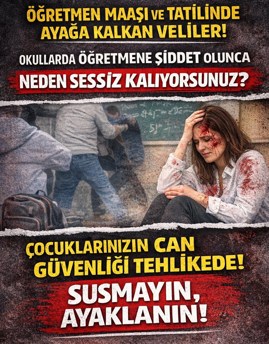 Öğretmenin maaşı ve tatili söz konusu olduğunda ayağa kalkan yurdum insanı ve veliler, konu okullarda öğretmene yönelik şiddet olunca neden aynı sesi çıkarmıyor?

Öğretmeni de geçtim; burada çocuklarınızın can güvenliği söz konusu.
Bu konuda en büyük tepkiyi aslında velilerin