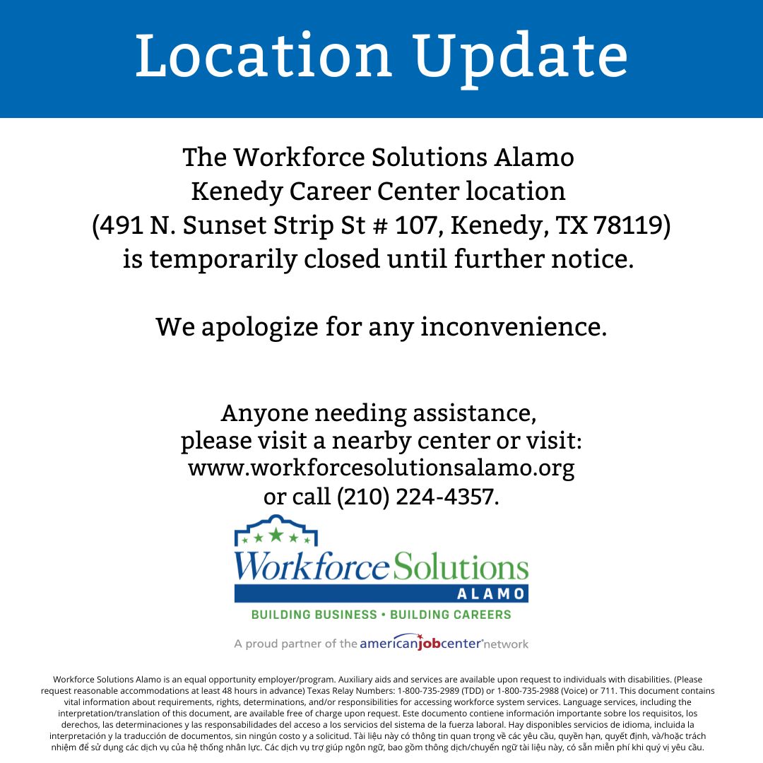 WSASanAntonio's tweet image. The Workforce Solutions Alamo Kenedy Career Center is closed until further notice.

We apologize for any inconvenience.

Those in need of assistance, please visit a nearby career center, visit our website, or call
(210) 224- HELP.

workforcesolutionsalamo.org/workforce-care…

#WSA #Kenedy