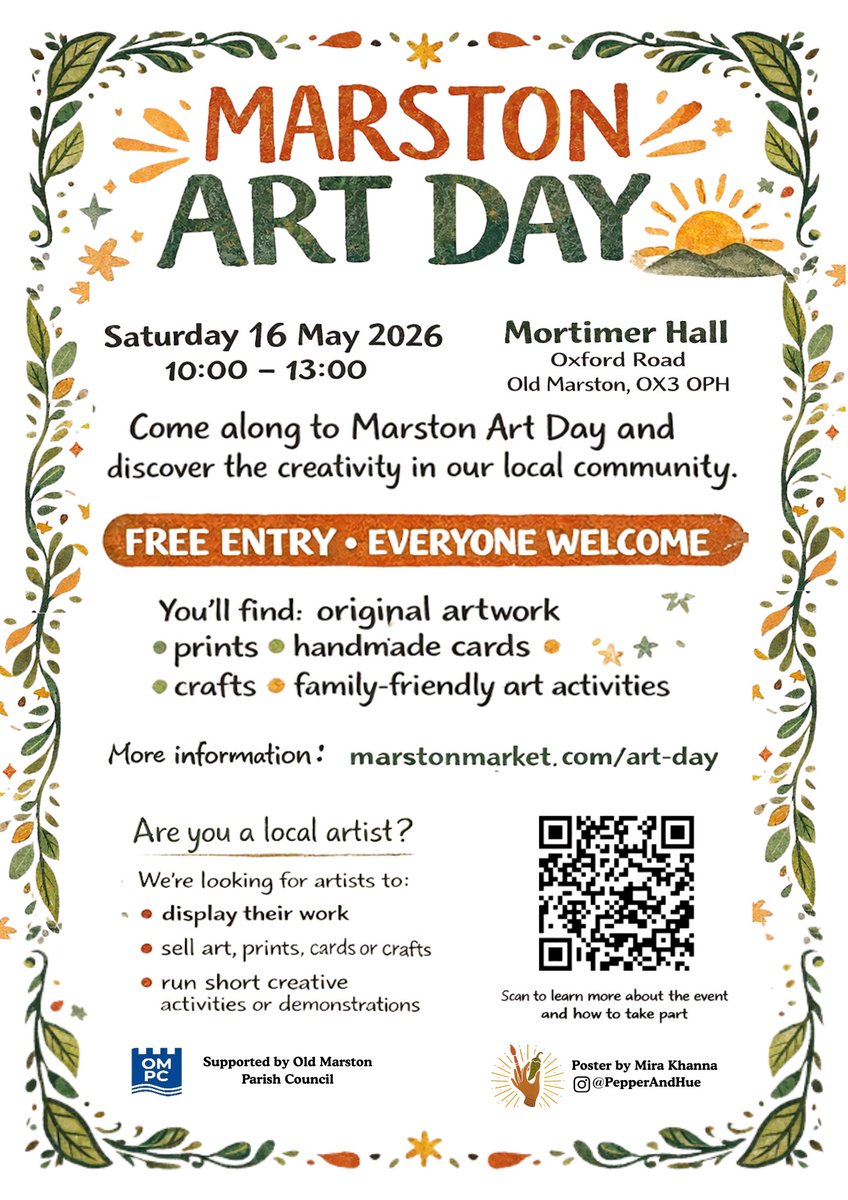 oldmarstonpc's tweet photo. Marston Art Day - free community - Local artists  displaying/selling works/doing some activities. Refreshments/food -at Mortimer Hall, Saturday 16th May 2026 10:00-13:00. We are also looking for artists to take part. https://t.co/gTb08uBu7C, art@marstonmarket.com, 07706 998224 https://t.co/lYRIHtAKQH
