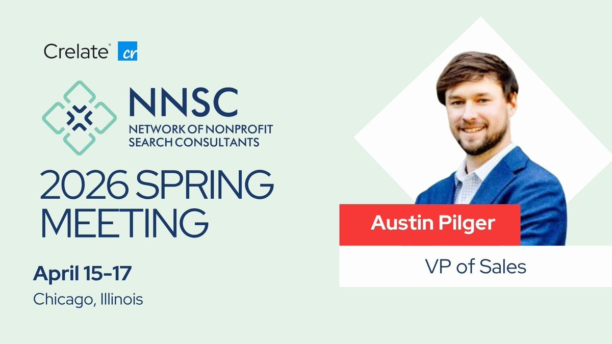 CRELATE's tweet photo. We’re excited to be sponsoring the 2026 NNSC Spring Meeting this week!

If you’re attending, be sure to connect with our VP of Sales, Austin Pilger, while onsite. 

Looking forward to great conversations with the nonprofit executive search community in Chicago. https://t.co/FbYu9aURsr