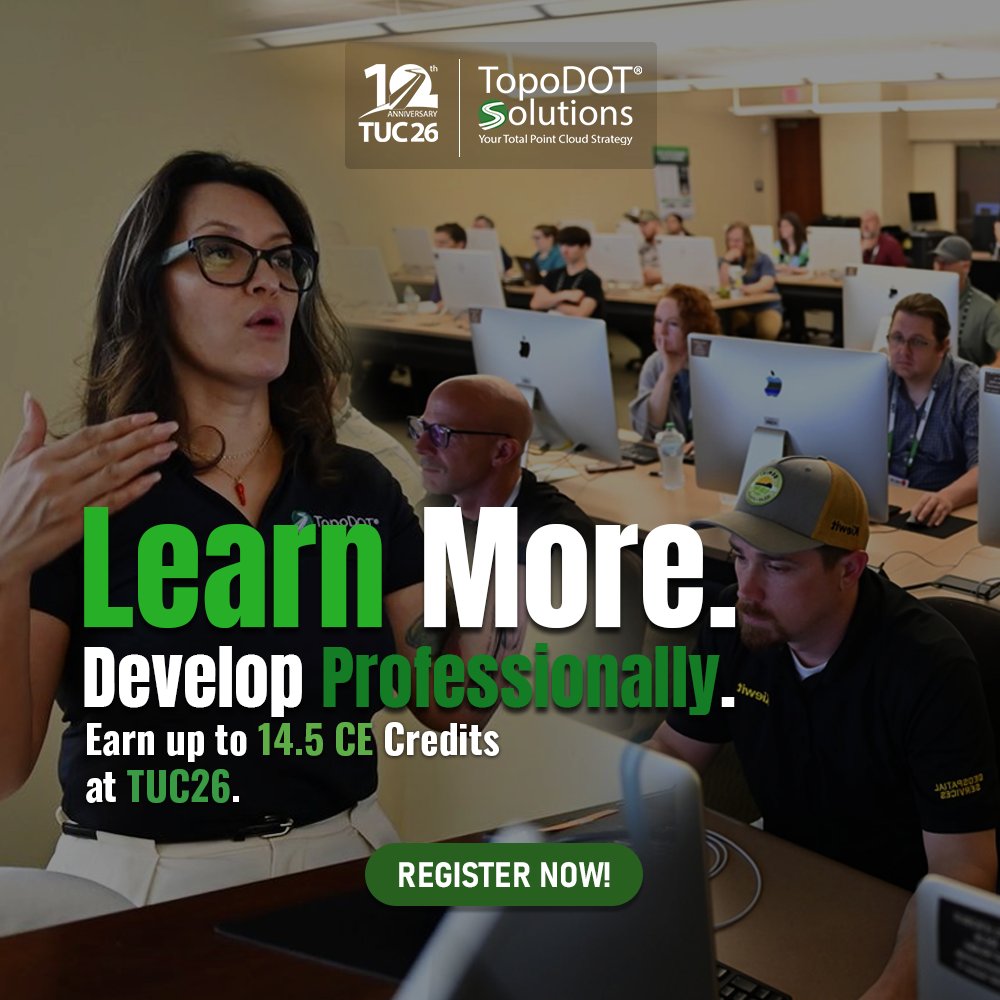 _TopoDOT's tweet image. Earn up to 14.5 CE credits in just a week at TUC! 

Continue your professional development with technical training &amp;amp; course credits accepted by the FL Board of Professional Surveyors and Mappers and other states.

#TopoDOT #Surveying #ContinuingEducation #ProfessionalDevelopment