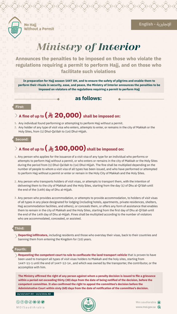 #Ministry_of_Interior announces the penalties to be imposed on those who violate the regulations requiring a permit to perform Hajj, and on those who facilitate such violations.

#No_Hajj_Without_Permit