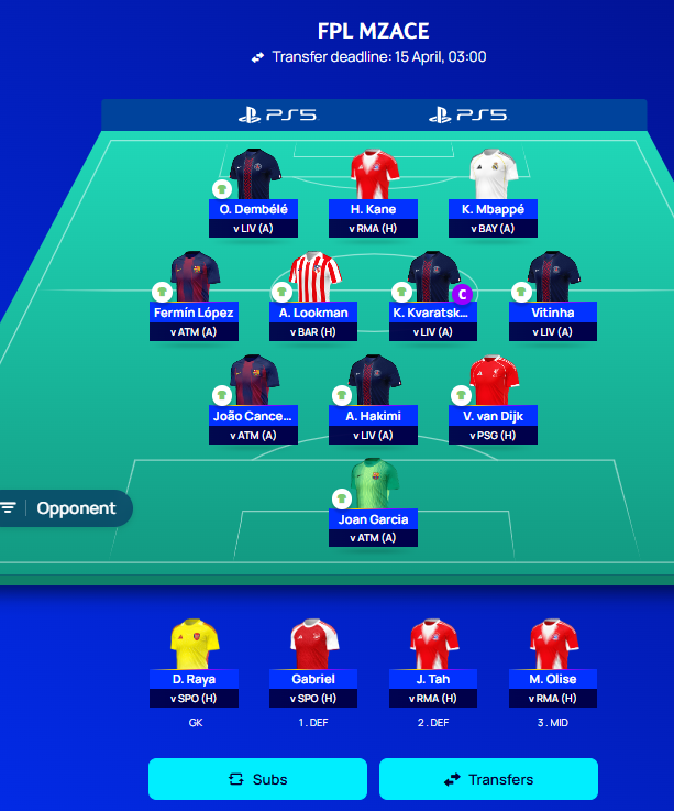 FPL_MZAce's tweet photo. UCL Fantasy Quarter Final 2nd Leg

Declan Rice ➡️ Kvicha Kvaratskhelia
🧢 Kvaratskhelia - Day 1, Day 2 - Kane/Mbappe

#uclkickoffs #uclfantasy https://t.co/bnX4xjWlrN