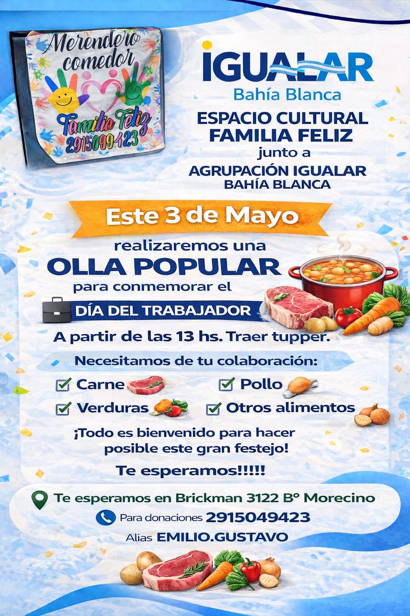 Negro604's tweet photo. Hoy más que nunca necesitamos de la solidaridad de todos 💛
Desde el merendero FAMILIA FELIZ estamos organizando una gran olla popular para ayudar a quienes más lo necesitan.
@CarmelaMoreauOk @IgualarArg @Kicillofok @Srefidanza @EmilioVallejos1 https://t.co/VorrvISLfa