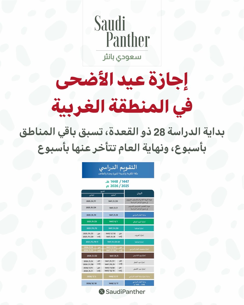 إجازة عيد #الأضحى في المنطقة #الغربية

بداية الدراسة 28 ذو القعدة، تسبق باقي #المناطق بأسبوع، ونهاية العام تتأخر عنها بأسبوع