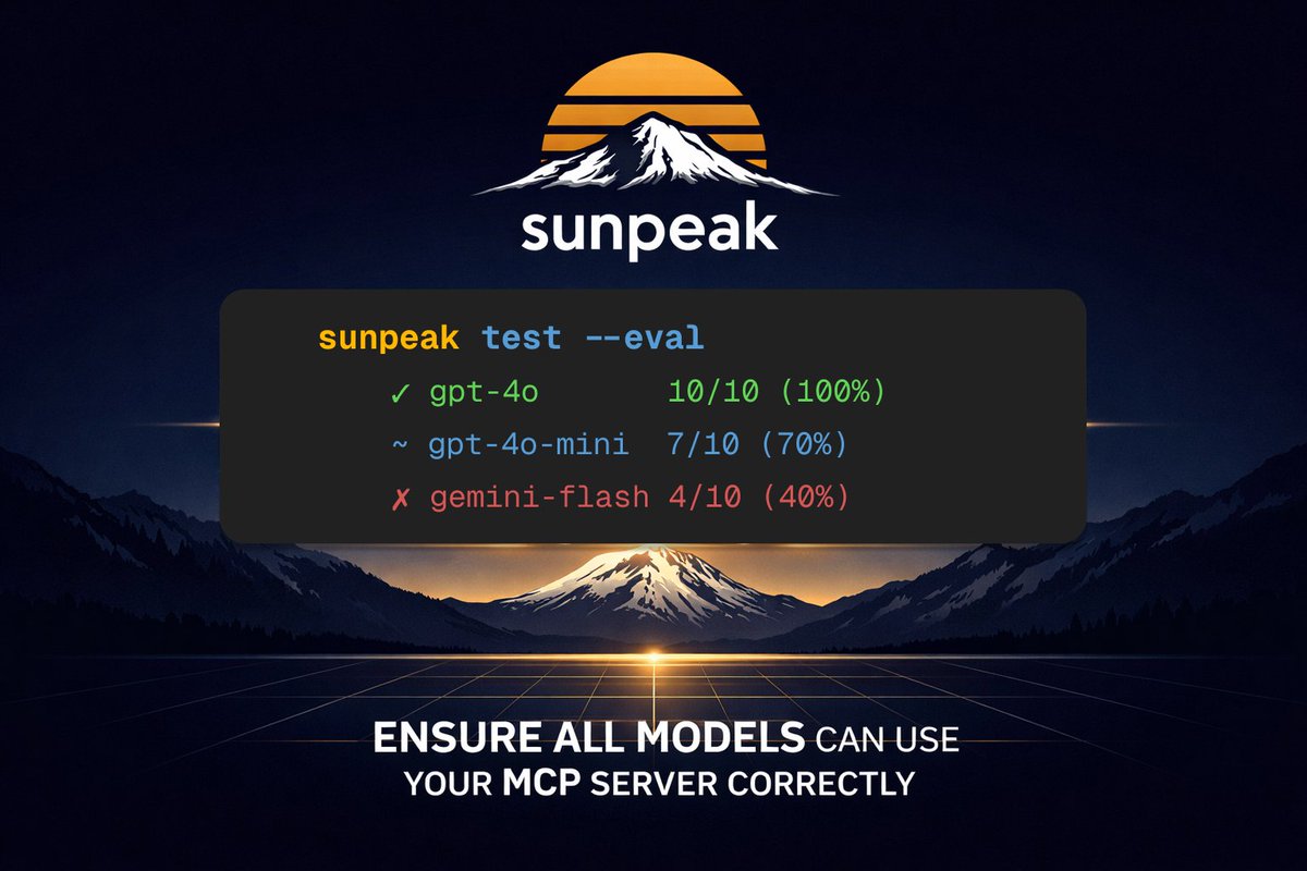 AbeWheeler5's tweet photo. Shipped @sunpeak_ai evals. One command tests whether LLMs actually call your MCP tools correctly, across GPT-4o, Claude, Gemini Flash, 4o-mini, etc.

Tools work on flagship models but silently break on the budget models users actually run.

100% on GPT-4o, 40% on Gemini Flash. That gap is a schema problem you only find out about from user complaints.