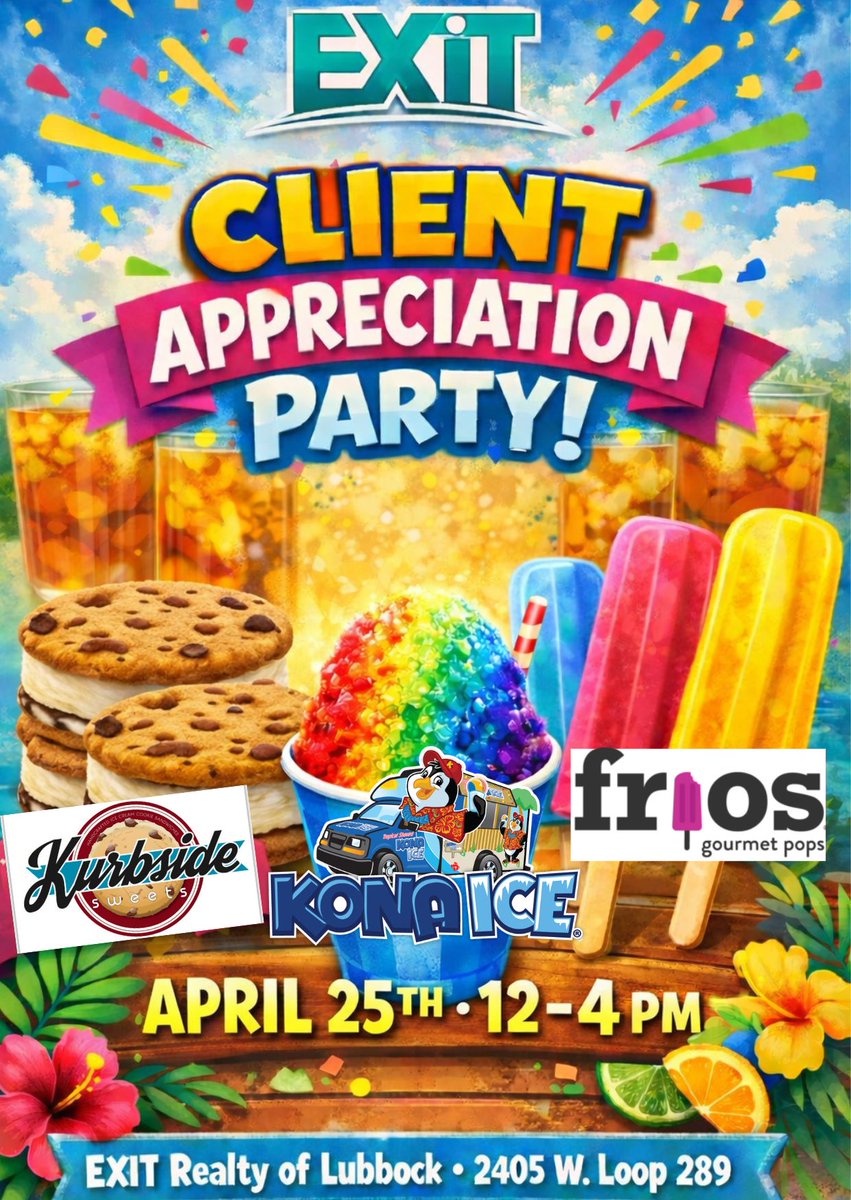 exitlbk's tweet image. Come join us on April 25th from 12-4PM at our office as we celebrate our clients with dessert food trucks!

#EXITRealtyofLubbock #ClientAppreciation #LovEXIT