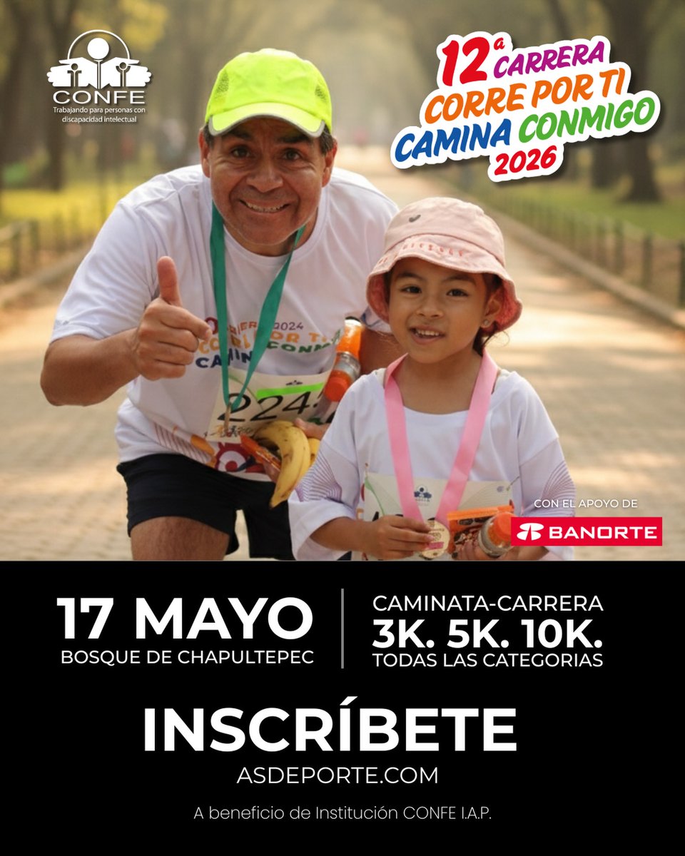CONFE_ORG's tweet photo. 12ª Carrera Corre por Ti, Camina Conmigo 2026 🏃‍♀️💙
Con el apoyo de @banorte_mx
📅 17 de mayo
📍 Bosque de Chapultepec
Súmate corriendo, caminando o donando kilómetros para apoyar la inclusión de personas con discapacidad intelectual. https://t.co/dsksrVWBCr