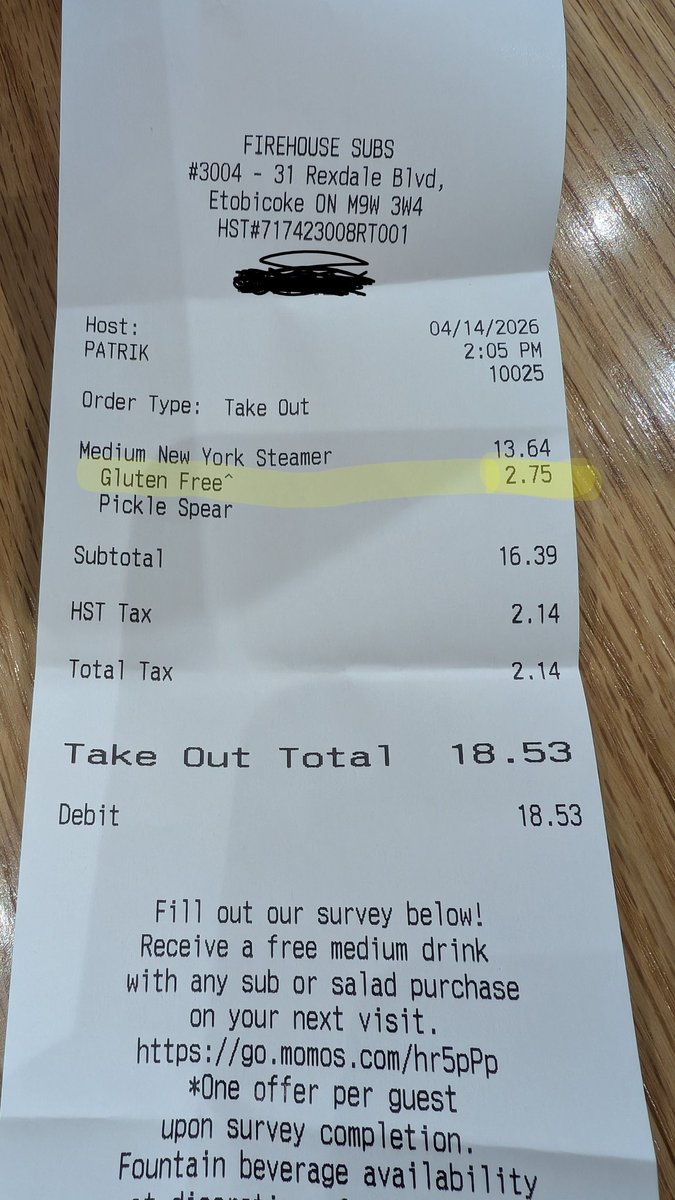 PatrickDunphy's tweet image. Yo @FirehouseSubs.  I don't put anyone on blast but a 20% charge for gluten free bread is criminal.  It's not like I have a choice.  Actually, I do.. Never coming back. #celiac #glutenfree