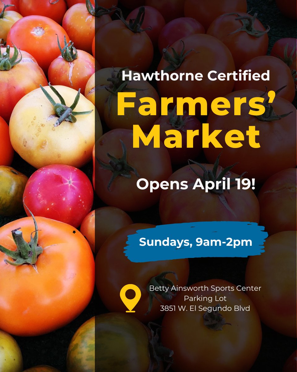 hawthorneCAL's tweet image. Join us this Sunday, April 19th for the kick-off to Hawthorne's Certified Farmers' Market! 

Every Sunday from 9am - 2pm
Betty Ainsworth Sports Center Parking Lot
3851 W. El Segundo Blvd.

For more info. visit hawthornefarmersmarket.com

#hawthorne #farmersmarket #healthyeating