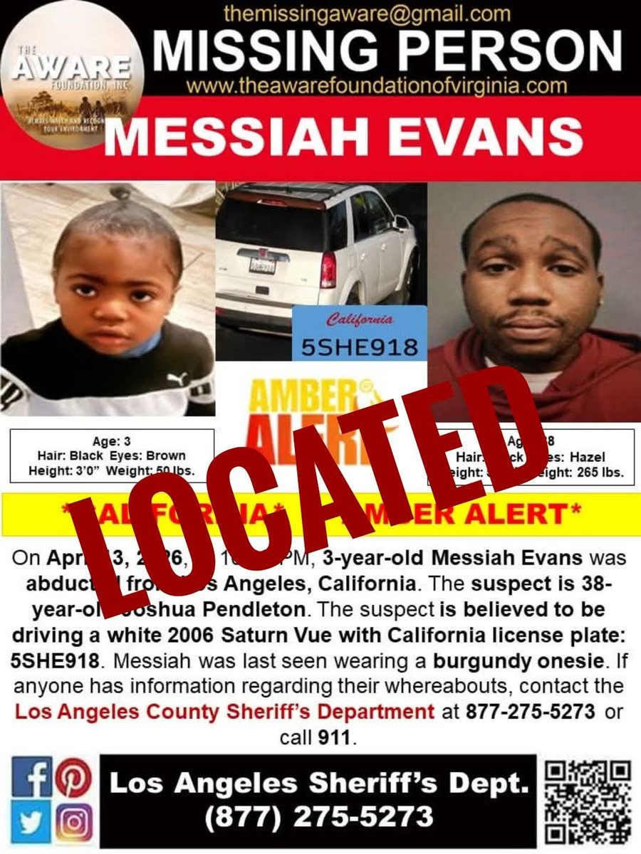 UPDATE:  
A 3-year-old boy who was believed to have been abducted by his mother's ex-boyfriend in Southern California has been found, officials said.
 #TheAWAREFoundationInc