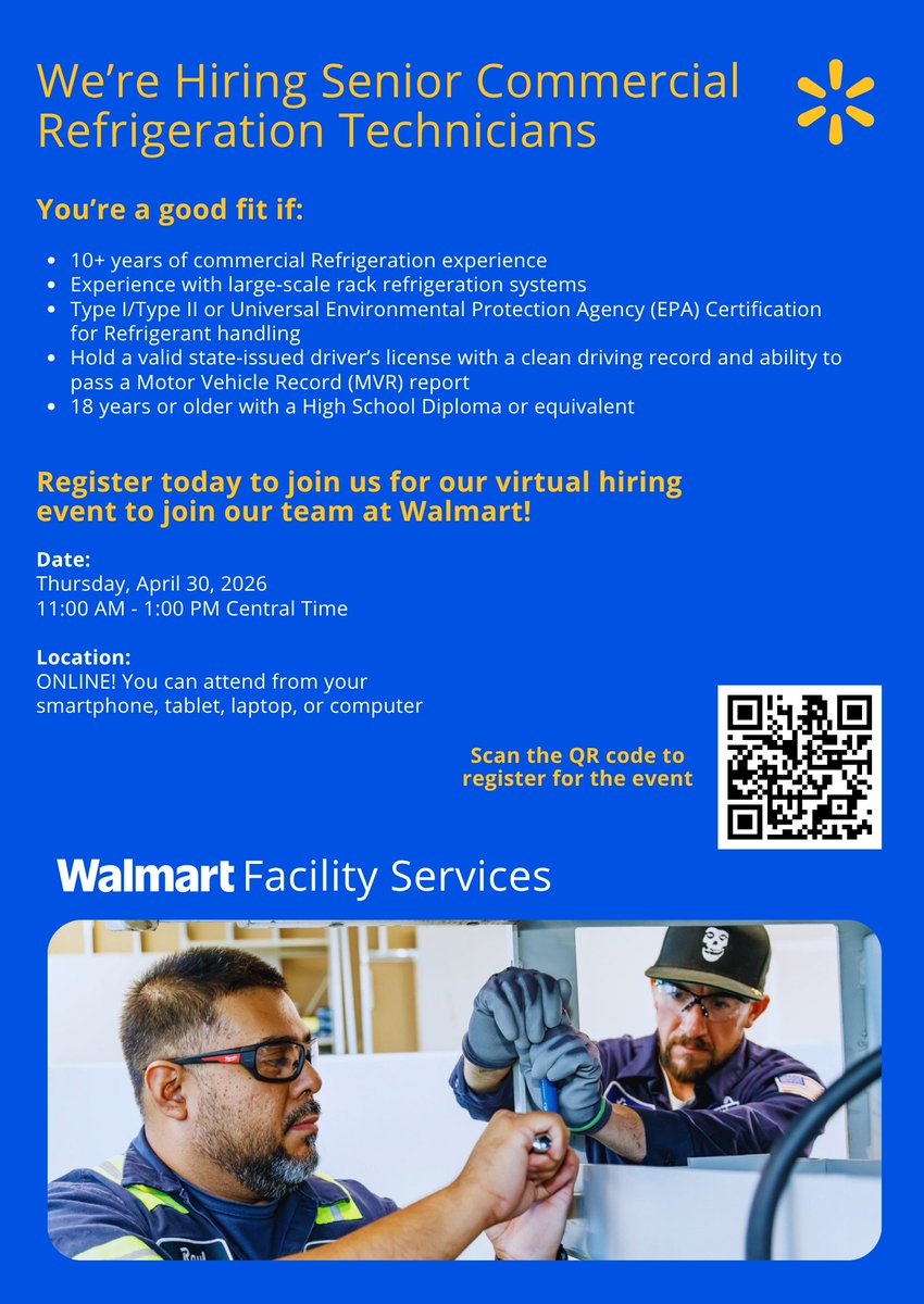 WalmartHiring's tweet photo. We have a Senior Commercial Refrigeration Technician virtual hiring event for Walmart coming up soon!

Learn more and register here: 
https://t.co/2y3hV13f5C

#hiring #jobsearch #newopportunities #careersatwalmart https://t.co/EO3GWAmvDR