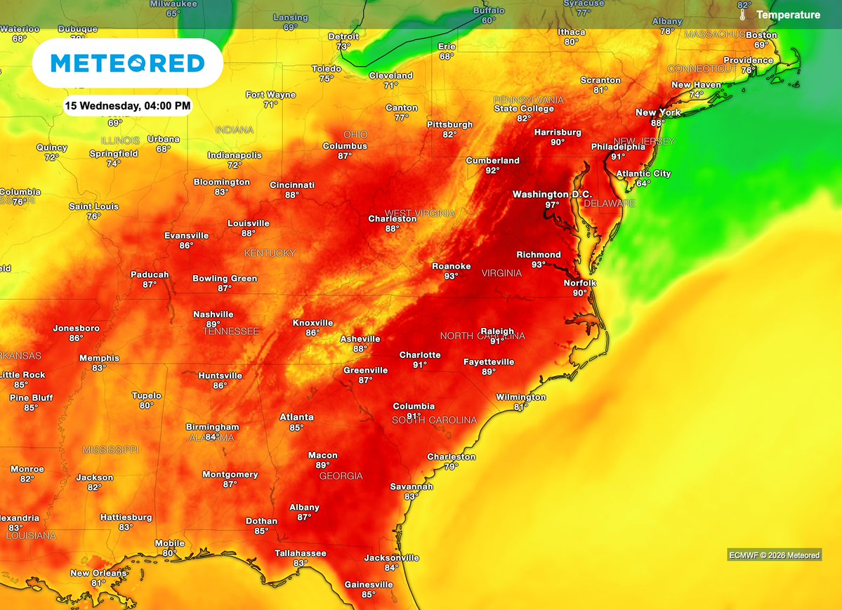 MeteoredUS's tweet image. ‼️🥵 Record-challenging #heat builds across the East-Central U.S. today, with parts of the Mid-Atlantic surging into the 90s by Wednesday and more record #warmth possible into Thursday.

🗺️ More details here! 👇
theweather.com