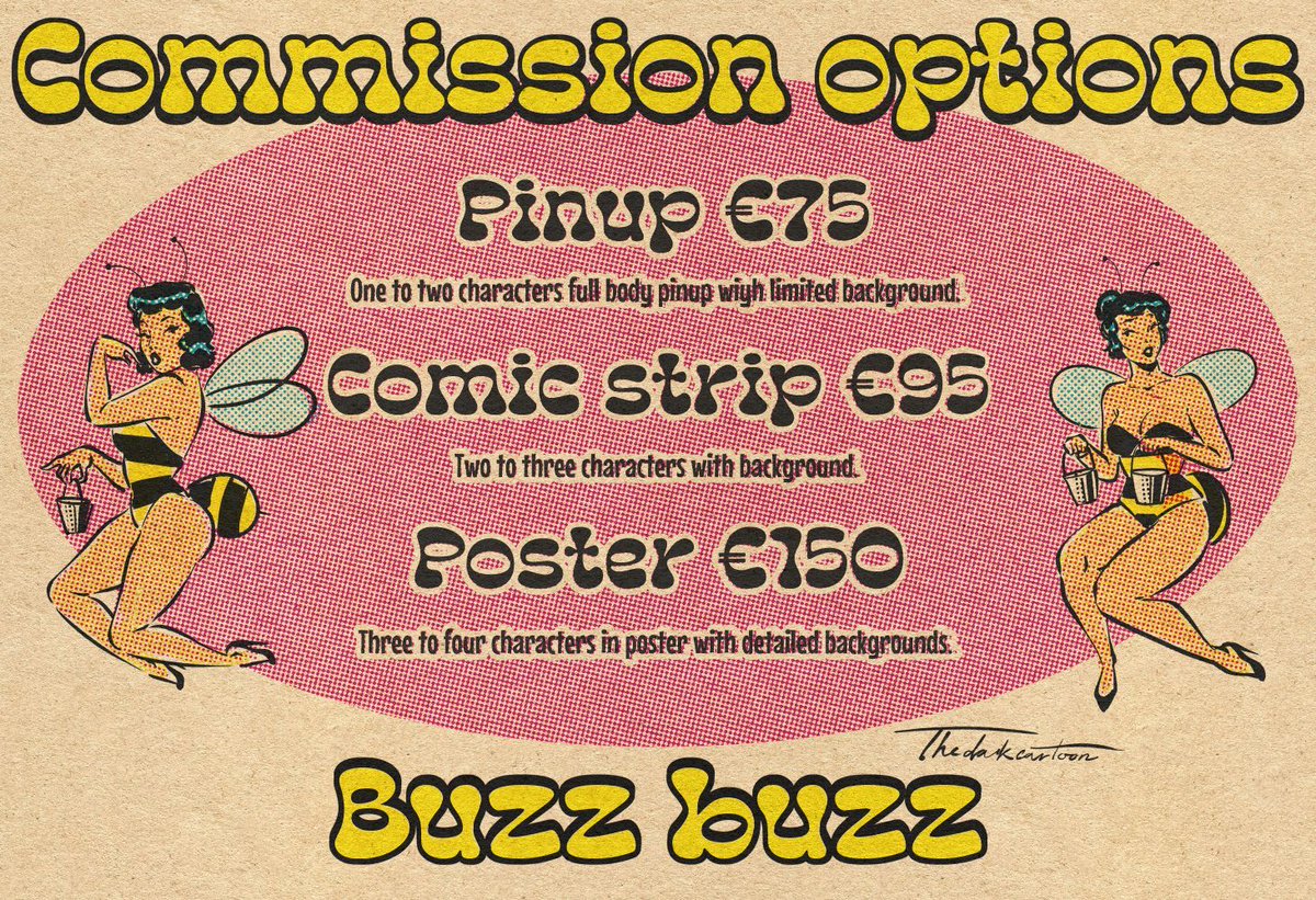 thedarkcartoon's tweet photo. Lets get to buzzing!

Pinups — $75
Comic strips  — $95
Posters — $150 

Why not fly on down and get some bumble art!
DM to claim your LIMITED slots! https://t.co/lLFLVMrZZ4