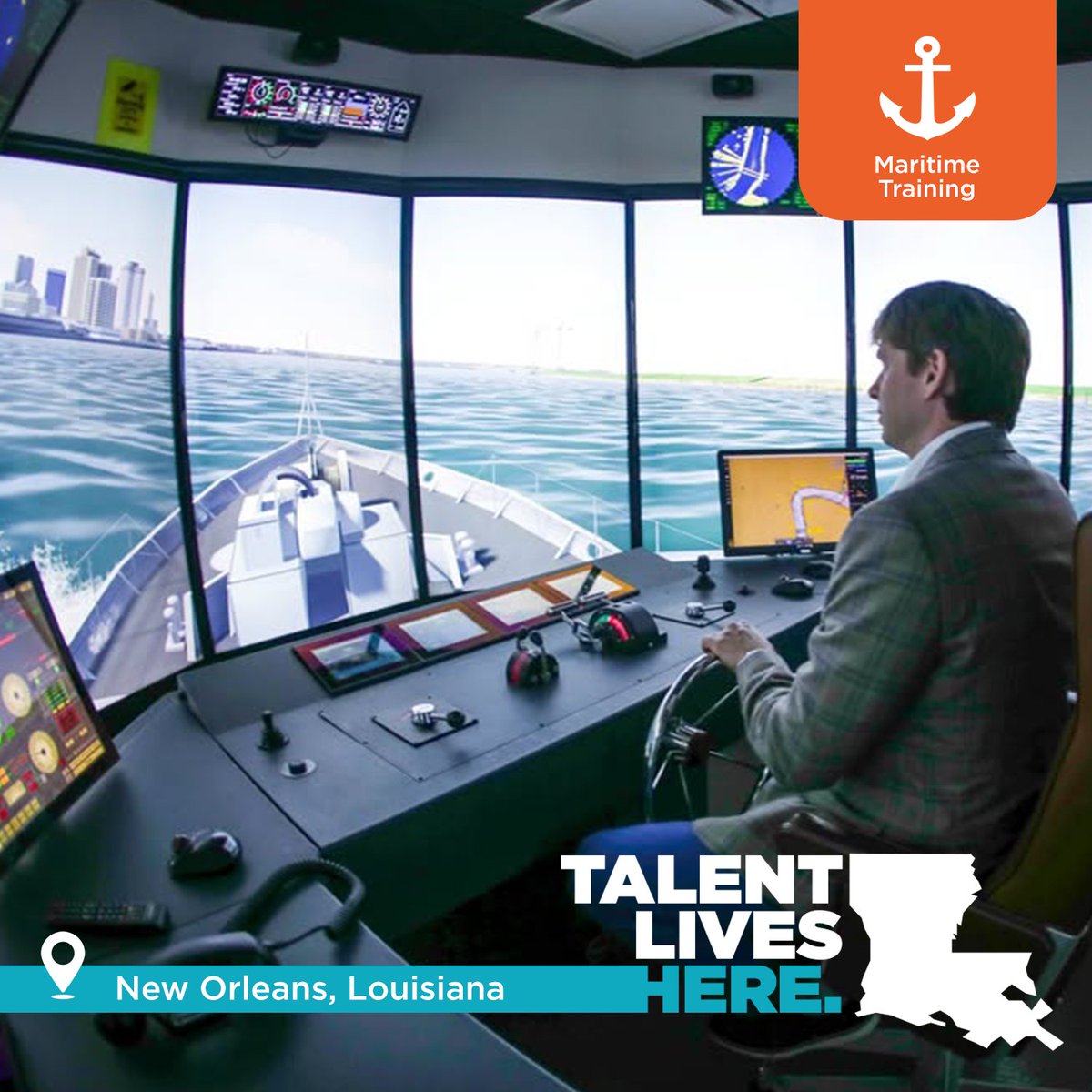 LA_Regents's tweet photo. Delgado Community College (@delgadocc) is providing fast, flexible, and focused workforce training with its Maritime &amp; Industry Training Center.

Last month, @LCTCSpresident Richard Nelson had the chance to drive a ship simulator down the Mighty Mississippi.

#TalentLivesHere https://t.co/alPsCxIJRI