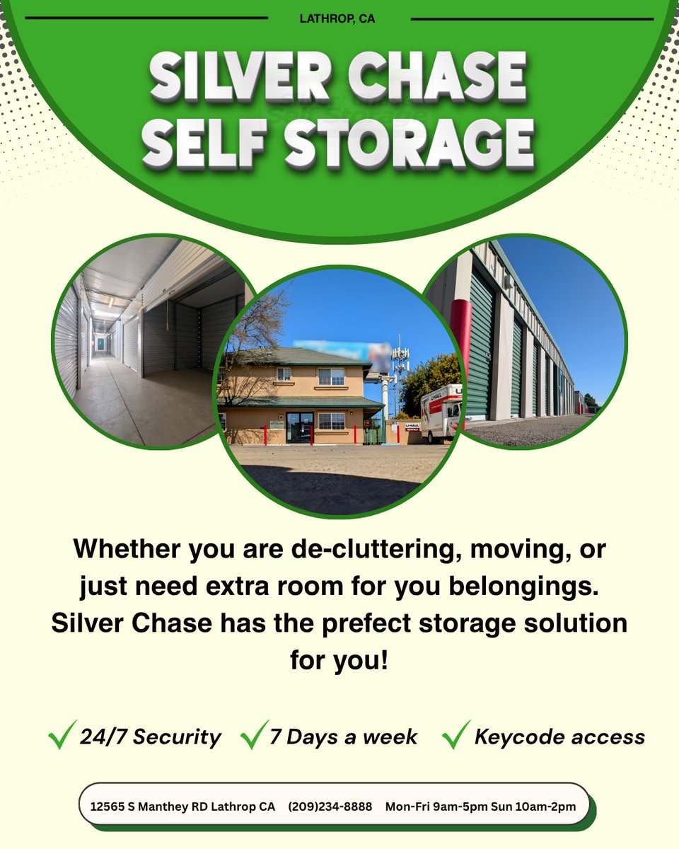 SilverCStorage's tweet photo. Downsizing or moving? Take he stress out of the move and find a temporary space for your belongings. Ask us about our current exclusive offers!
Call us at (209)234-8888
Visit us at https://t.co/vVloDbbQxy
Email us at manager@silverchase.com
#selfstorage #bayarea #stockton #tracy https://t.co/ZfqvcSnHWm