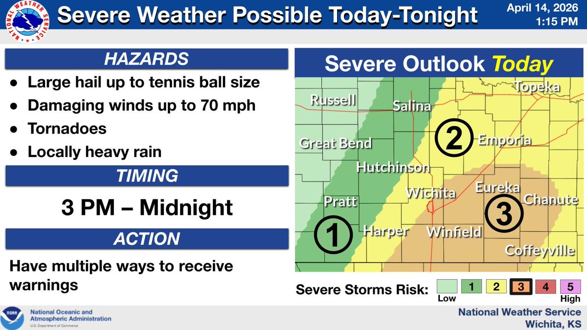 Thunderstorms are expected to develop later this afternoon into the evening across south central and southeast KS. The strongest activity will be capable of producing large hail, damaging winds, and even a few tornadoes. Heavy rain may lead to localized flooding as well. #kswx