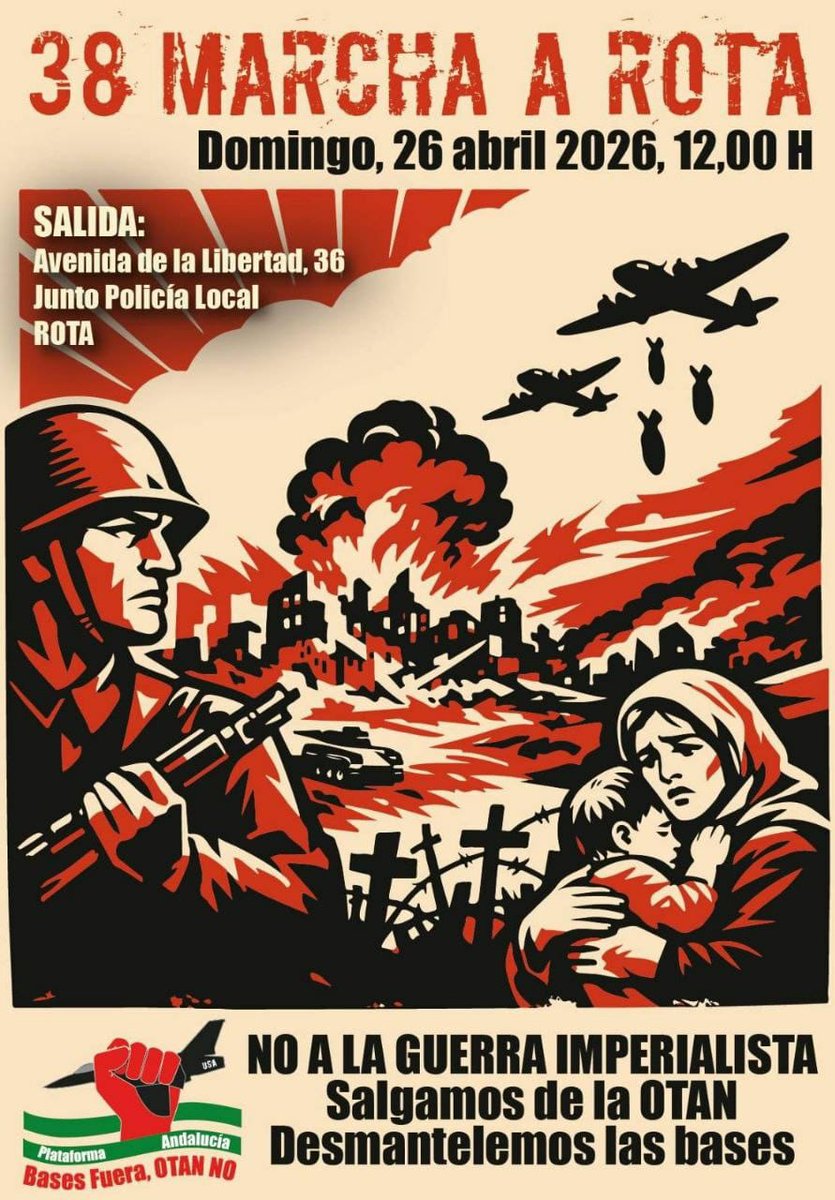 nacordoba2's tweet image. El próximo 26 de abril nuestra militancia estaremos en la 38 Marcha a #Rota #Cadiz #Andalucia #Cordoba

No a la Guerra Imperialista✊
Fuera Yankees de Andalucía

¡OTAN NO, BASES FUERA!
