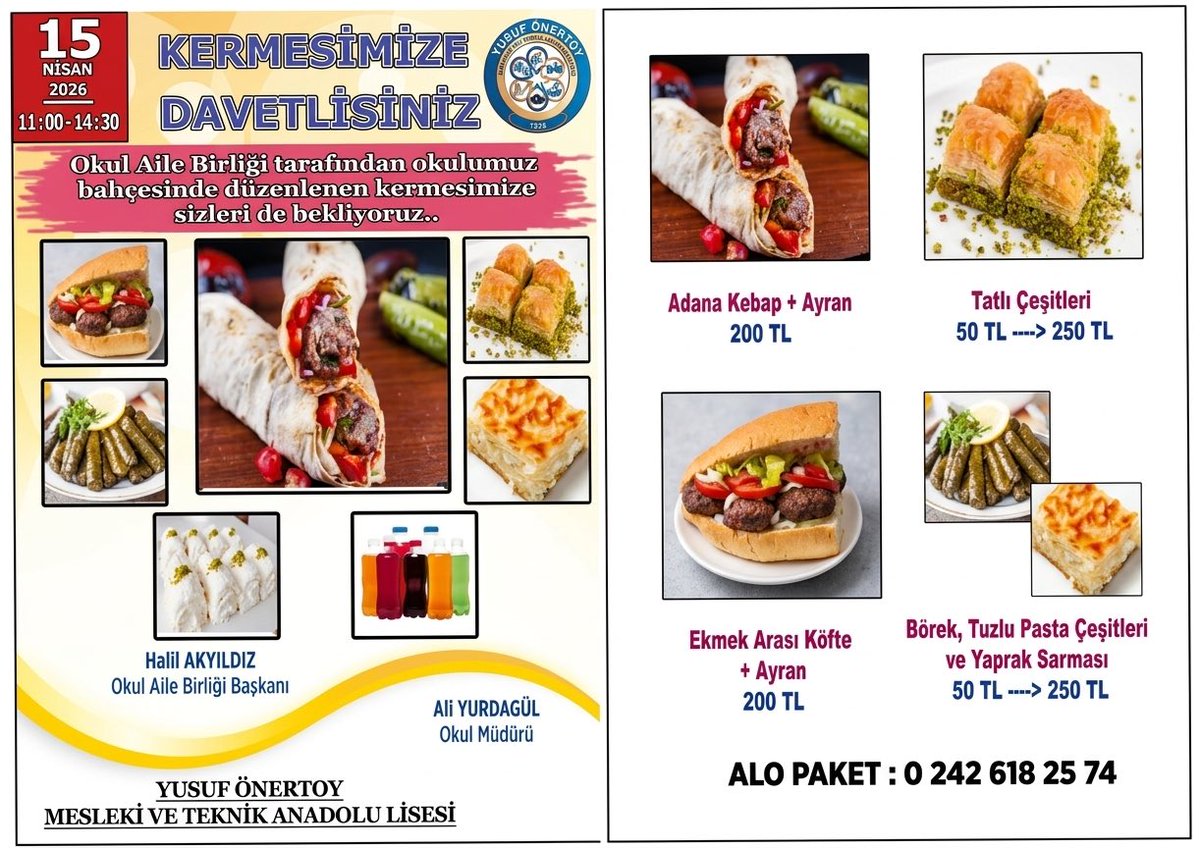 Elmalı’da 15 Nisan (Yarın) Yusuf Önertoy Mesleki ve Teknik Anadolu Lisesi’nde Kermes Düzenlenecek: 11.00–14.30 Saatleri Arasında Okul Bahçesinde Gerçekleşecek Etkinlikte Paket Servisi Hizmeti de Sunulacaktır, Tüm Halkımız Davetlidir